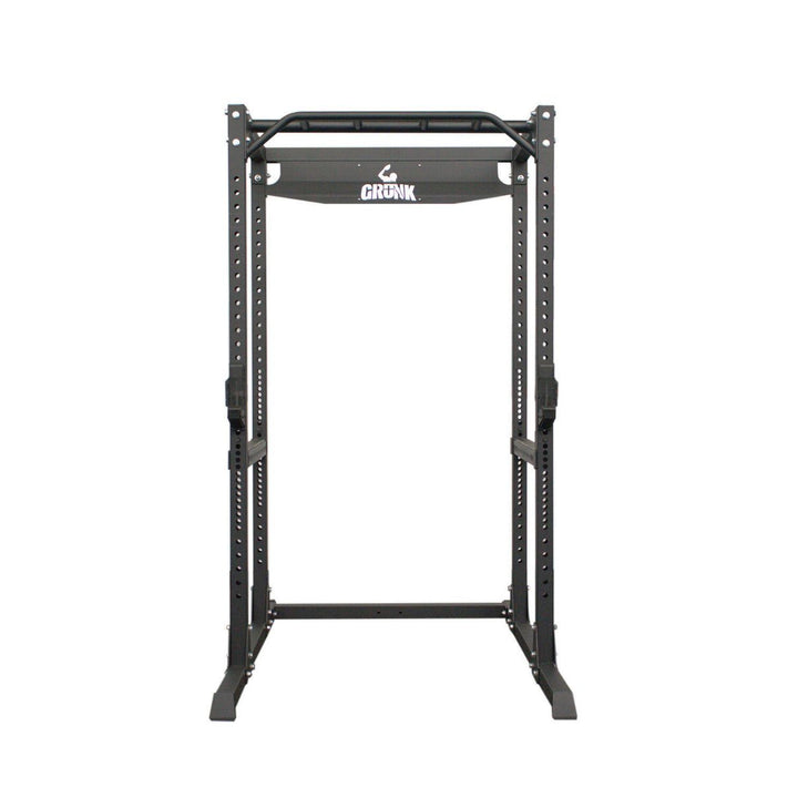 Black power rack with 'Gronk' branding on a white background