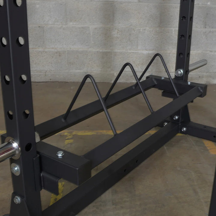 Bumper weight plate storage option attachment for power rack