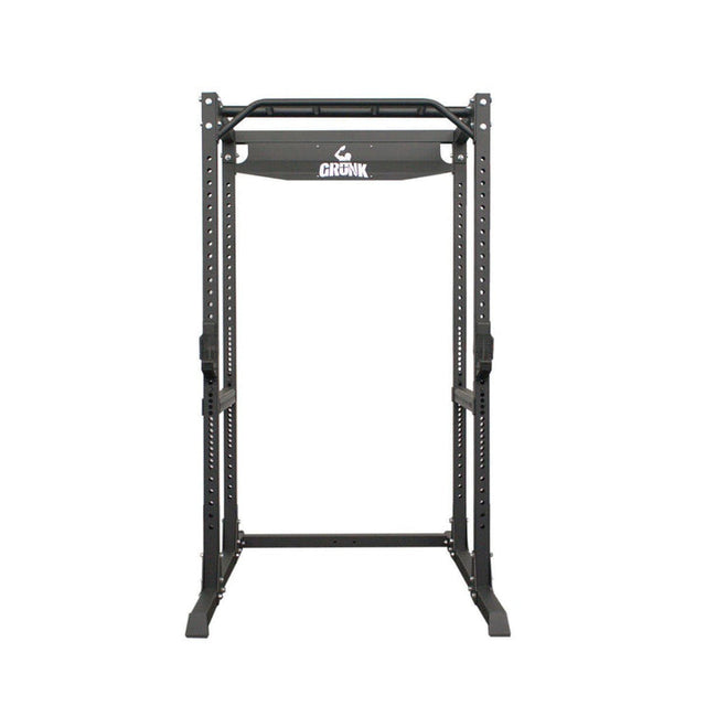 Black power rack with 'Gronk' branding on a white background