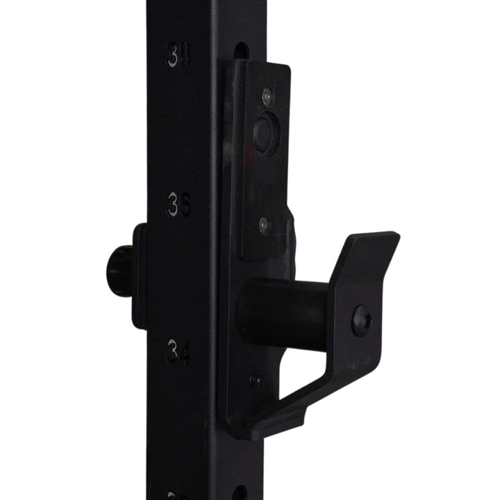 Black j-hook attachment mounted on rack upright
